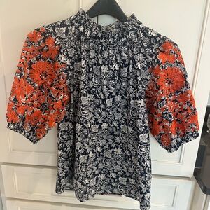 THML Navy and White Blouse Puff Sleeve Mandarin Collar